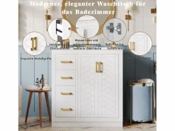 New 2 Muebles de baño de cerámica - 76,5 x 46,5 x 84,5 cm - con 3 cajones + estante lateral + 2 puertas - MDF - Mueble De Baño Simple