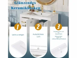 New 2 Muebles de baño de cerámica - 76,5 x 46,5 x 84,5 cm - con 3 cajones + estante lateral + 2 puertas - MDF - Mueble De Baño Simple