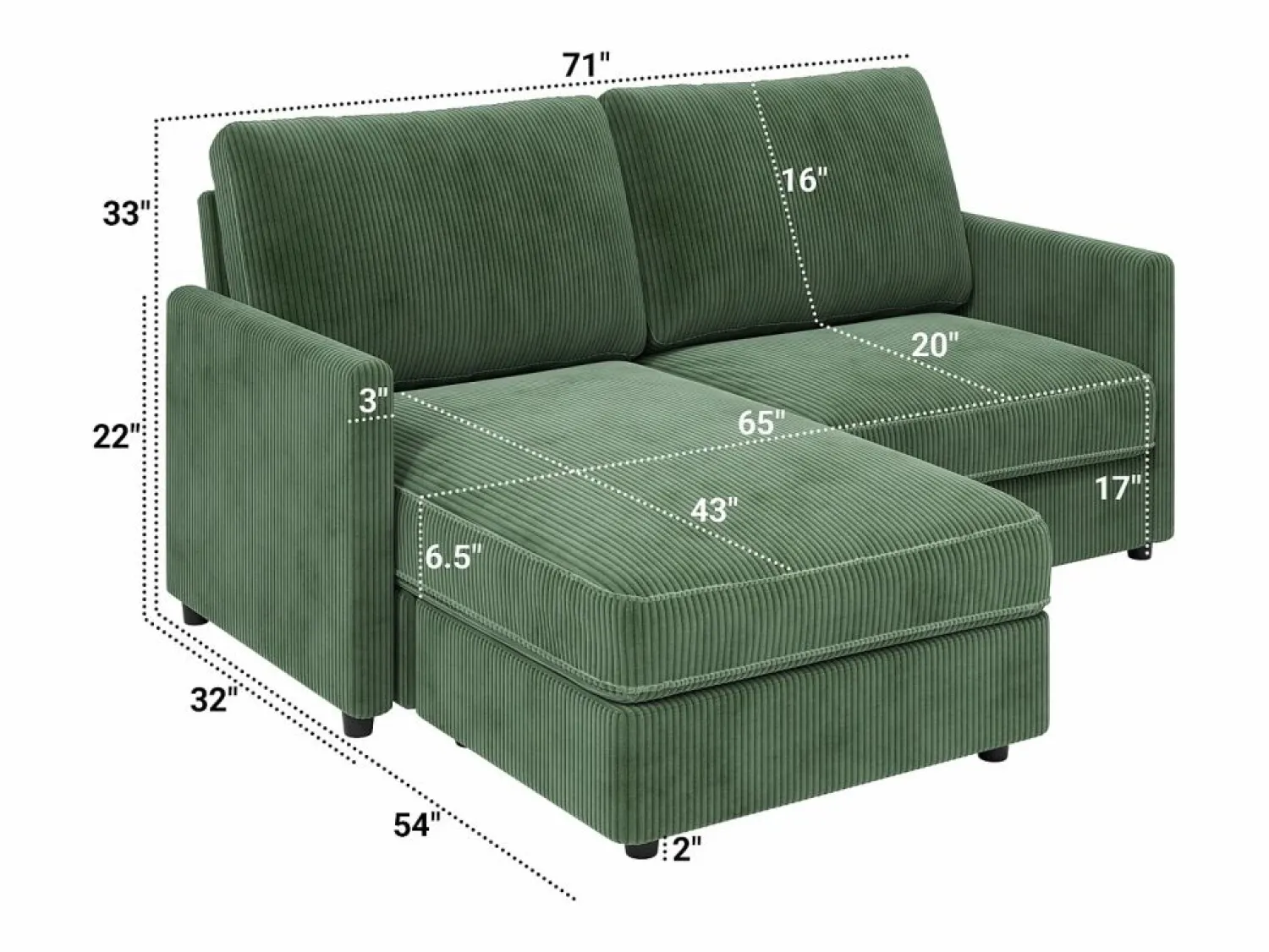 New 2 -Seater Corner Sofa - ángulo reversible derecho / izquierda - 180x140x86cm - en tela de terciopelo acanalado - carga máxima de 300 kg - Todos Los Sofás|Sofá - 2 Plazas