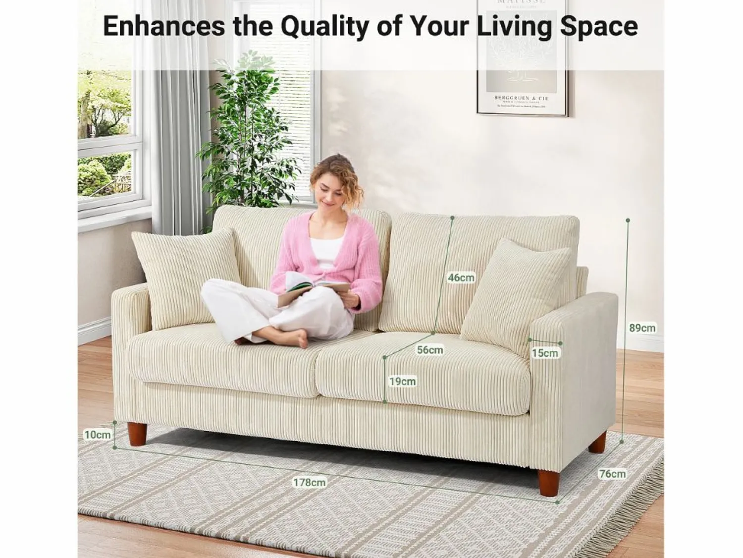 Best 2 -Seater Velvet Sofa, con 2 cojines, asientos profundos de 56 cm, 178x76x89cm, Todos Los Sofás|Sofá Escandinavo