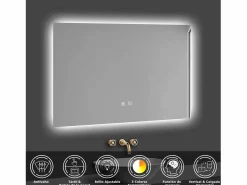 Clearance Espejo de baño LED 80×60cm, antivaho, temperatura de tres colores regulable, función memoria Accesorios De Cuarto De Baño|Espejo De Cuarto De Baño