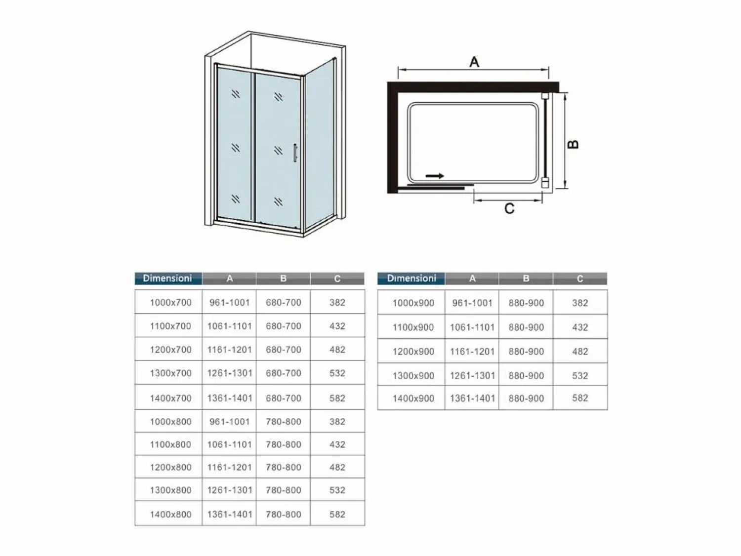 Aica Mampara de ducha corredera+panel lateral,vidrio templado 5mm,(1361-1401)x(680-700)x1850mm Transparente