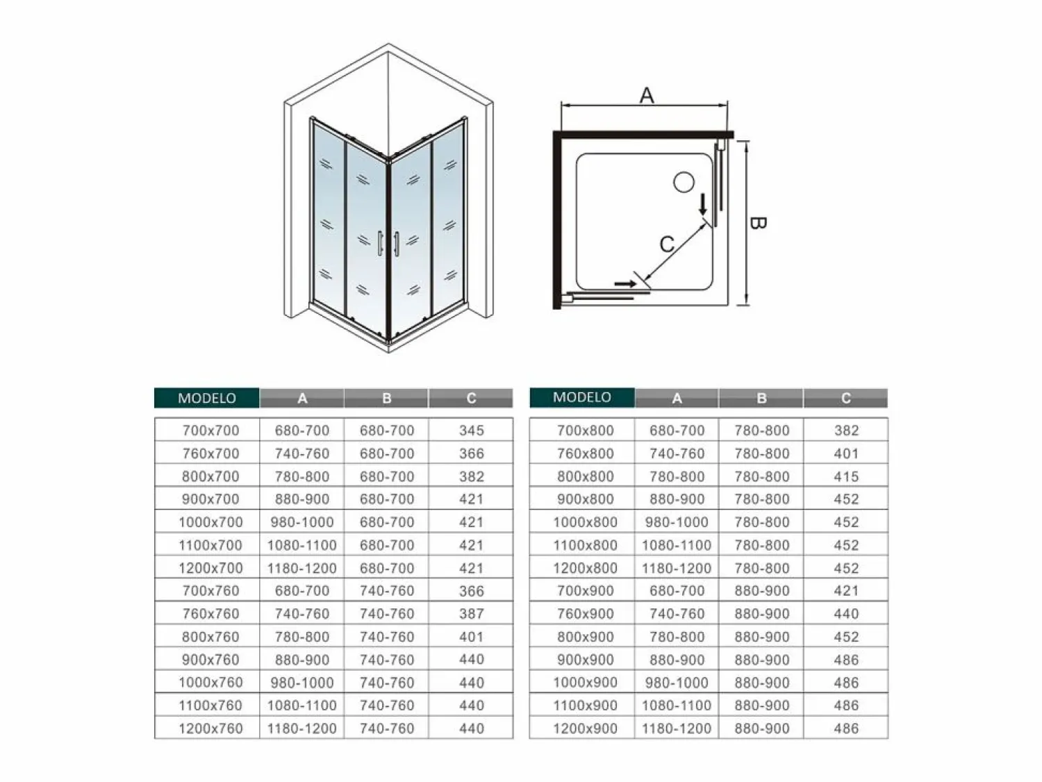 Outlet Aica Mampara de ducha cuadrada corredera perfil negro mate vidrio antical 6mm 900x900x1900mm Transparente