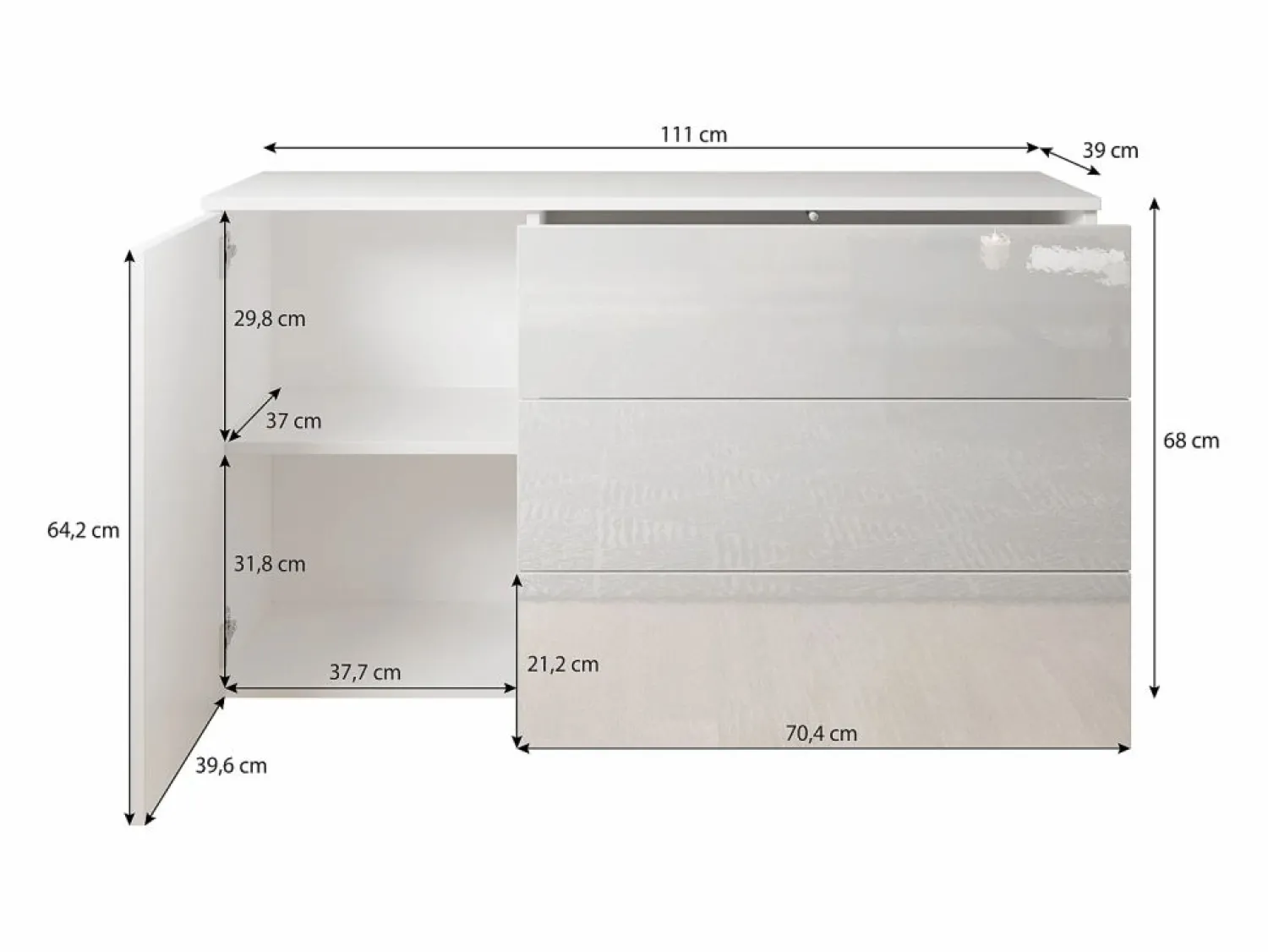 Aparador 110 cm mate para salón – moderno con 3 cajones y 1 puerta roble wotan