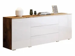 New Aparador 150 cm para salón – moderno con cajones y puertas, cuerpo roble wotan mate y frentes blanco brillo Color natural oscuro
