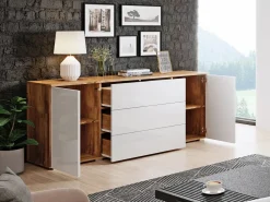New Aparador 150 cm para salón – moderno con cajones y puertas, cuerpo roble wotan mate y frentes blanco brillo Color natural oscuro