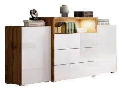 Aparador 150 cm para salón – moderno, de pie con 3 cajones, hueco y puertas laterales, cuerpo roble wotan mate y frentes blanco brillo