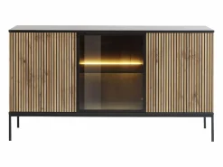 Best Aparador 3 puertas con luces LED en MDF y vidrio ahumado - Natural y Negro - OVILA Aparador