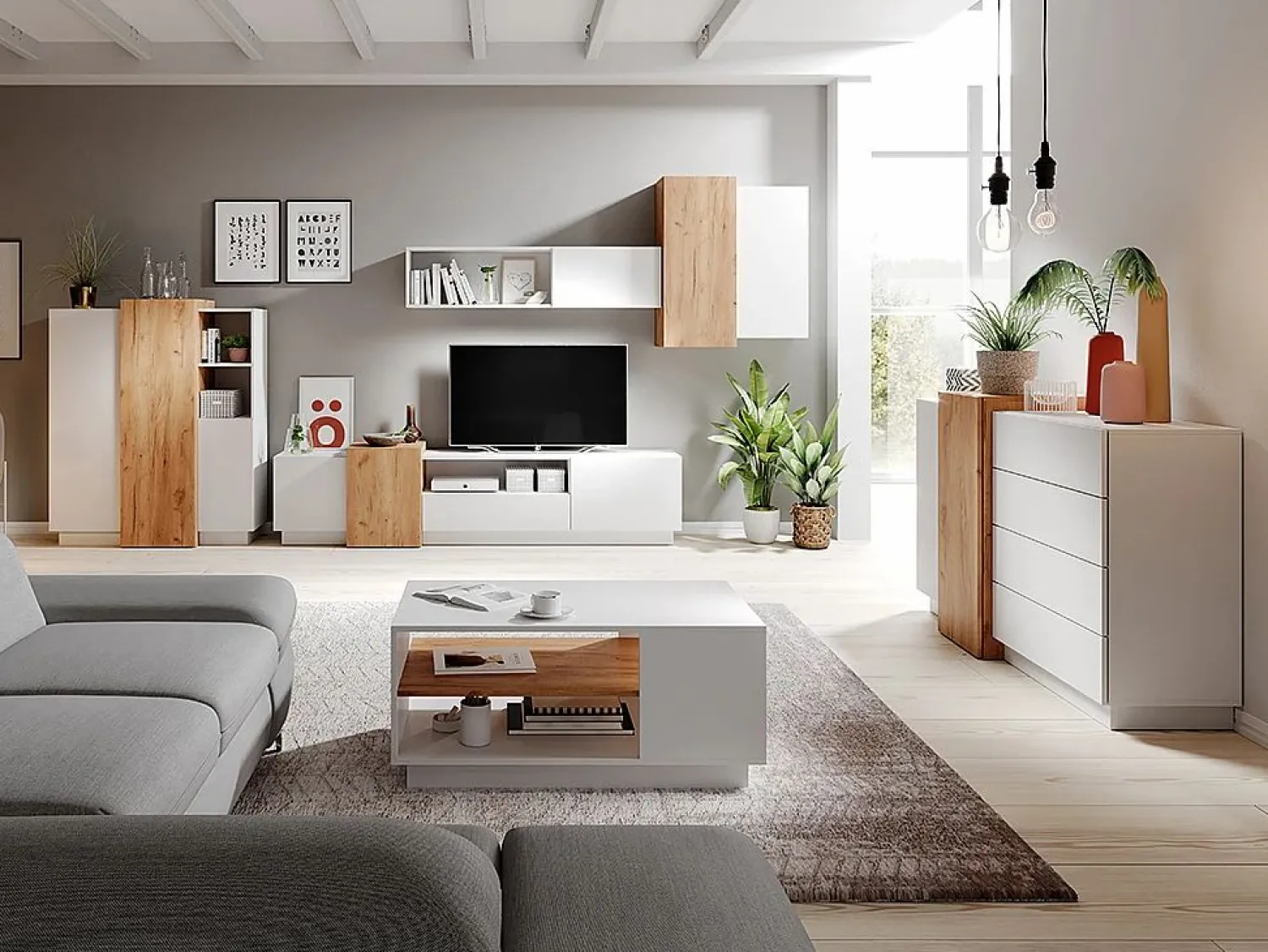 Vente-unique Aparador alto - 3 puertas y 2 estantes - y roble - FRANCOLI