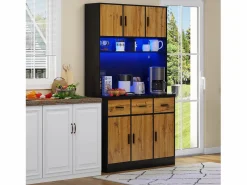 Online Aparador alto con 6 puertas y 3 cajones - 100 x 40 x 180 cm - LED y puerto de carga - Madera MDF - Estantes regulables - Natural + negro Aparador De Cocina