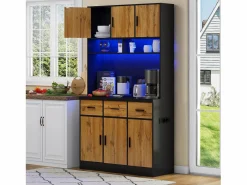 Online Aparador alto con 6 puertas y 3 cajones - 100 x 40 x 180 cm - LED y puerto de carga - Madera MDF - Estantes regulables - Natural + negro Aparador De Cocina