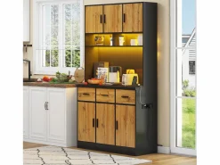 Online Aparador alto con 6 puertas y 3 cajones - 100 x 40 x 180 cm - LED y puerto de carga - Madera MDF - Estantes regulables - Natural + negro Aparador De Cocina