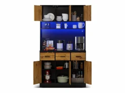 Online Aparador alto con 6 puertas y 3 cajones - 100 x 40 x 180 cm - LED y puerto de carga - Madera MDF - Estantes regulables - Natural + negro Aparador De Cocina