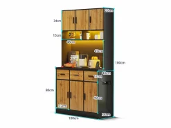 Online Aparador alto con 6 puertas y 3 cajones - 100 x 40 x 180 cm - LED y puerto de carga - Madera MDF - Estantes regulables - Natural + negro Aparador De Cocina