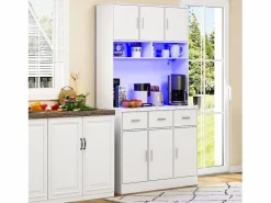 Clearance Merax Aparador alto con 6 puertas y 3 cajones - 100 x 40 x 180 cm - LED y puerto de carga - Madera MDF - Estantes regulables - Blanco