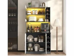 Merax Aparador alto de cocina - 100 x 47 x 187 cm - con luces LED + 4 puertas + estantes ajustables - MDF + Acrílico -