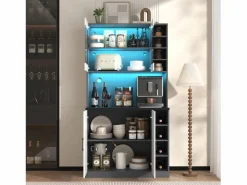 Merax Aparador alto de cocina - 100 x 47 x 187 cm - con luces LED + 4 puertas + estantes ajustables - MDF + Acrílico -