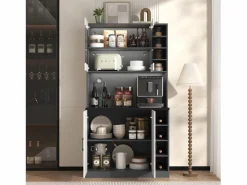 Merax Aparador alto de cocina - 100 x 47 x 187 cm - con luces LED + 4 puertas + estantes ajustables - MDF + Acrílico -