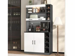 Merax Aparador alto de cocina - 100 x 47 x 187 cm - con luces LED + 4 puertas + estantes ajustables - MDF + Acrílico -