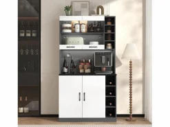 Merax Aparador alto de cocina - 100 x 47 x 187 cm - con luces LED + 4 puertas + estantes ajustables - MDF + Acrílico -