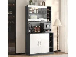 Merax Aparador alto de cocina - 100 x 47 x 187 cm - con luces LED + 4 puertas + estantes ajustables - MDF + Acrílico -