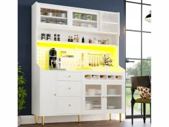 Merax Aparador alto de cocina - 145 x 39 x 171 cm - con LEDs + botellero + puertas de cristal + 3 cajones - cristal + MDF -