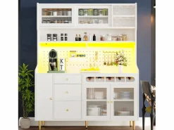 Merax Aparador alto de cocina - 145 x 39 x 171 cm - con LEDs + botellero + puertas de cristal + 3 cajones - cristal + MDF -