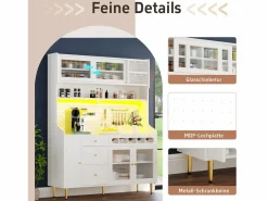 Merax Aparador alto de cocina - 145 x 39 x 171 cm - con LEDs + botellero + puertas de cristal + 3 cajones - cristal + MDF -