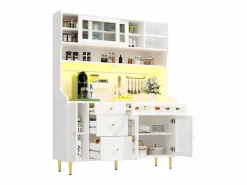 Merax Aparador alto de cocina - 145 x 39 x 171 cm - con LEDs + botellero + puertas de cristal + 3 cajones - cristal + MDF -
