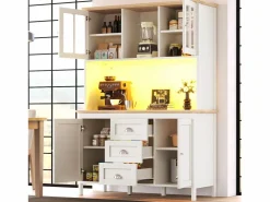 New Aparador alto de cocina - 120 x 40 x 179 cm - con LEDs + 4 puertas + 3 cajones + balda - MDF + metal - Aparador De Cocina