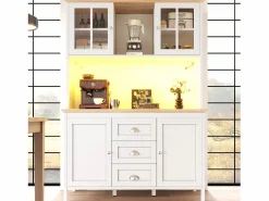 New Aparador alto de cocina - 120 x 40 x 179 cm - con LEDs + 4 puertas + 3 cajones + balda - MDF + metal - Aparador De Cocina