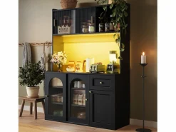 Best Aparador alto de cocina - 120 x 35 x 167 cm - con estantes regulables + 3 puertas + 1 cajón + LED - MDF + PB - Aparador De Cocina