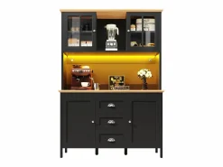 New Merax Aparador alto de cocina - 120 x 40 x 179 cm - con LEDs + 4 puertas + 3 cajones + balda - MDF + metal - Negro