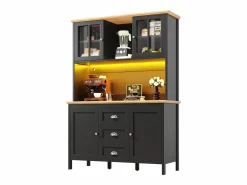 New Merax Aparador alto de cocina - 120 x 40 x 179 cm - con LEDs + 4 puertas + 3 cajones + balda - MDF + metal - Negro