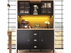 New Merax Aparador alto de cocina - 120 x 40 x 179 cm - con LEDs + 4 puertas + 3 cajones + balda - MDF + metal - Negro