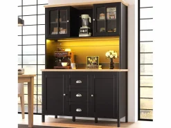 New Merax Aparador alto de cocina - 120 x 40 x 179 cm - con LEDs + 4 puertas + 3 cajones + balda - MDF + metal - Negro