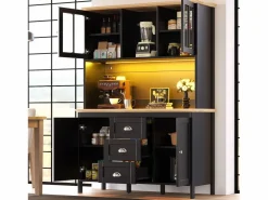 New Merax Aparador alto de cocina - 120 x 40 x 179 cm - con LEDs + 4 puertas + 3 cajones + balda - MDF + metal - Negro
