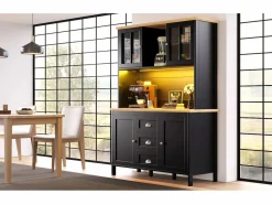 New Merax Aparador alto de cocina - 120 x 40 x 179 cm - con LEDs + 4 puertas + 3 cajones + balda - MDF + metal - Negro