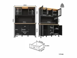 New Merax Aparador alto de cocina - 120 x 40 x 179 cm - con LEDs + 4 puertas + 3 cajones + balda - MDF + metal - Negro