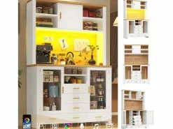 New Aparador alto de cocina - 120 x 40 x 188 cm - estilo rústico - con LED + 6 cajones + 3 puertas + estantes - MDF - Aparador De Cocina
