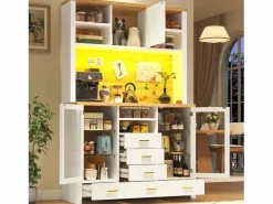 New Aparador alto de cocina - 120 x 40 x 188 cm - estilo rústico - con LED + 6 cajones + 3 puertas + estantes - MDF - Aparador De Cocina