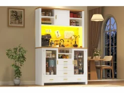 New Aparador alto de cocina - 120 x 40 x 188 cm - estilo rústico - con LED + 6 cajones + 3 puertas + estantes - MDF - Aparador De Cocina