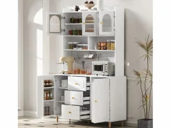New Merax Aparador alto de cocina - 140 x 40 x 190 cm - con 3 cajones + 5 puertas + estantes - MDF - Blanco