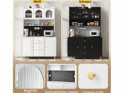 New Merax Aparador alto de cocina - 140 x 40 x 190 cm - con 3 cajones + 5 puertas + estantes - MDF - Blanco
