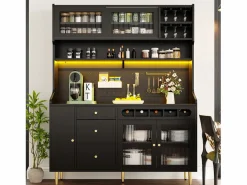 Clearance Aparador alto de cocina - 145 x 39 x 171 cm - con LED + botellero + puertas de cristal + 3 cajones - cristal + MDF - Aparador De Cocina