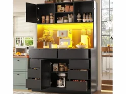 Merax Aparador alto de cocina - 120 x 40 x 183,5 cm - con LED + USB + puertas magnéticas + 8 cajones - MDF -