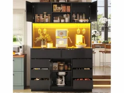 Merax Aparador alto de cocina - 120 x 40 x 183,5 cm - con LED + USB + puertas magnéticas + 8 cajones - MDF -