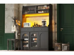Merax Aparador alto de cocina - 120 x 40 x 180 cm - con estantes regulables + 2 cajones + 3 puertas + LED - MDF + PB -