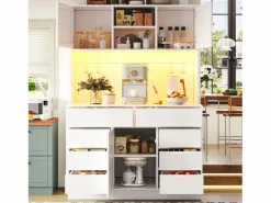 Hot Merax Aparador alto de cocina - 120 x 40 x 183,5 cm - con LED + USB + puertas magnéticas + 8 cajones - MDF - Blanco