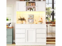 Hot Merax Aparador alto de cocina - 120 x 40 x 183,5 cm - con LED + USB + puertas magnéticas + 8 cajones - MDF - Blanco